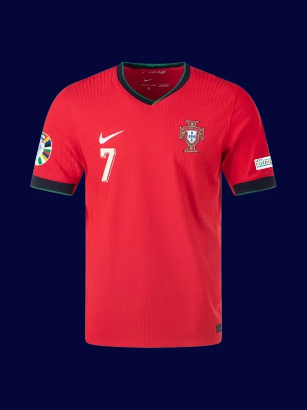 Ronaldo home red player jersey front, breathable performance design.