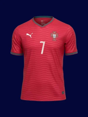 Ronaldo red home jersey front, high‑quality breathable gear.