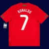 Portugal home red retro jersey back with #7, Ronaldo collectible and lightweight design.