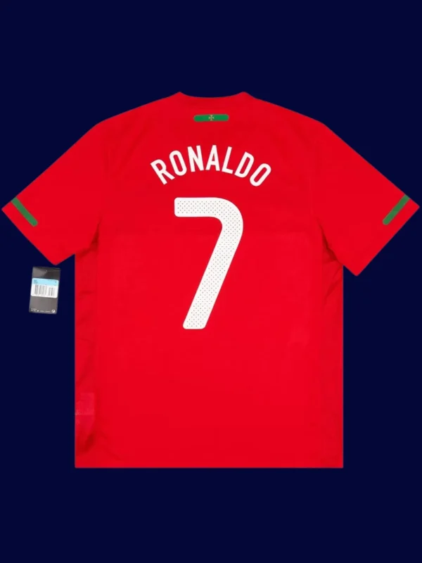Portugal home red retro jersey back with #7, Ronaldo collectible and lightweight design.
