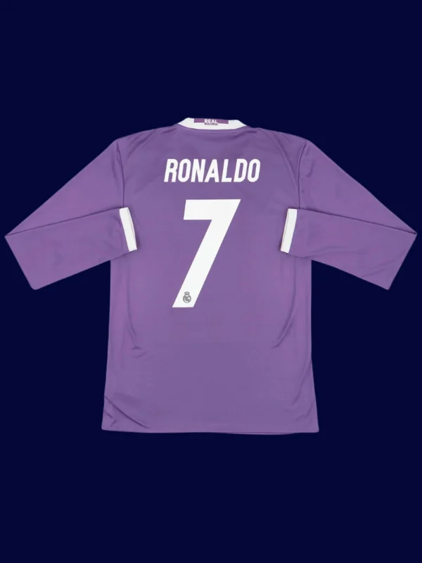 Ronaldo 7 Real Madrid Away Long Sleeve Retro Jersey 1617B - KFCool – Football Jerseys & Soccer Kits Store Real Madrid away long sleeve retro jersey back with #7, Ronaldo collectible and lightweight breathable.