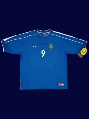 Ronaldo Brazil away blue retro jersey front World Cup 1998, high-quality breathable fan gear.