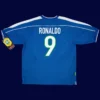 Ronaldo Brazil away blue retro jersey back World Cup 1998 with #9, high-quality breathable design.