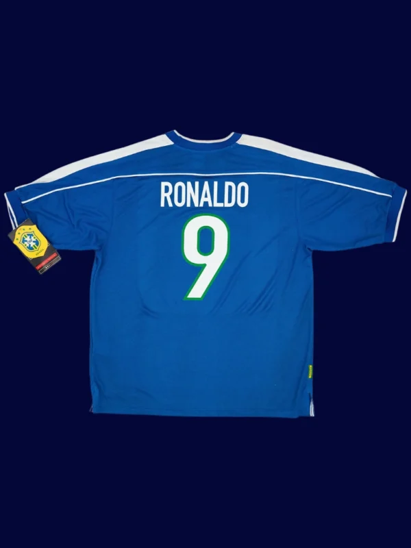 Ronaldo Brazil away blue retro jersey back World Cup 1998 with #9, high-quality breathable design.