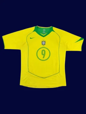 Ronaldo Brazil home yellow retro jersey front 2004, high-quality breathable fan gear.