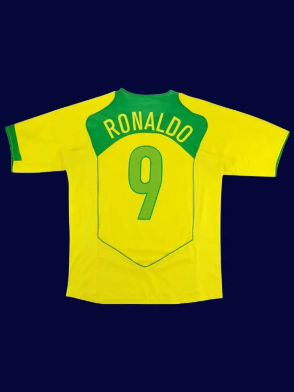 Ronaldo Brazil home yellow retro jersey back 2004 with #9, high-quality breathable design.