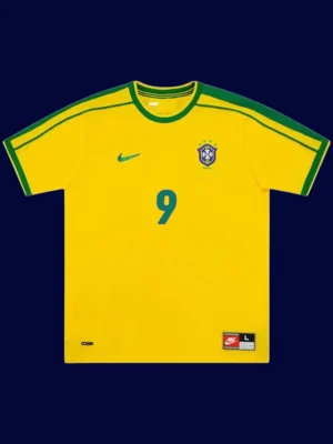 Ronaldo Brazil home yellow retro jersey front World Cup 1998, high-quality breathable fan gear.