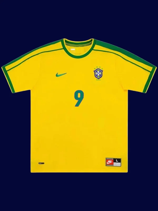 Ronaldo Brazil home yellow retro jersey front World Cup 1998, high-quality breathable fan gear.