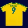 Ronaldo Brazil home yellow retro jersey back World Cup 1998 with #9, high-quality breathable design.