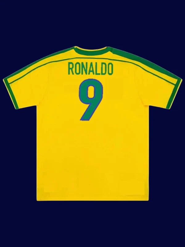 Ronaldo Brazil home yellow retro jersey back World Cup 1998 with #9, high-quality breathable design.