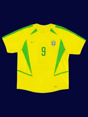 Ronaldo Brazil home yellow retro jersey front World Cup 2002, high-quality breathable fan gear.