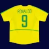 Ronaldo Brazil home yellow retro jersey back World Cup 2002 with #9, high-quality breathable design.