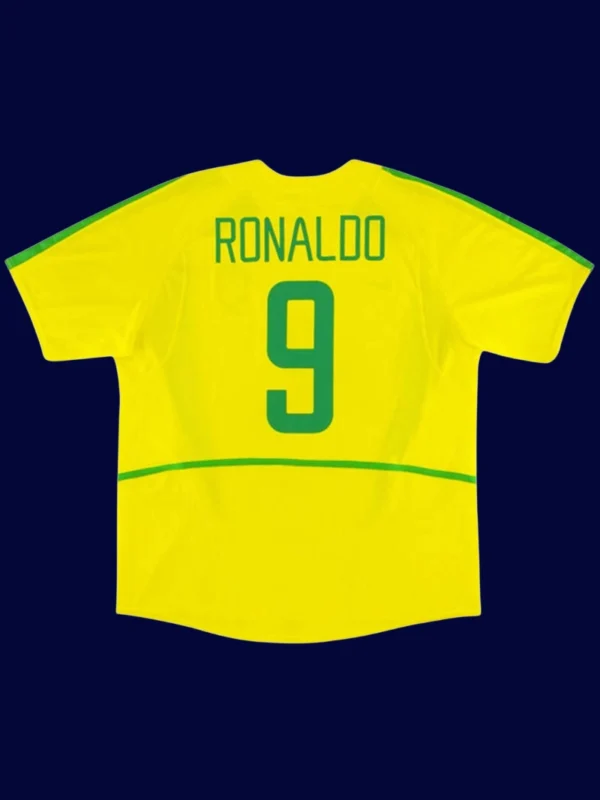 Ronaldo Brazil home yellow retro jersey back World Cup 2002 with #9, high-quality breathable design.