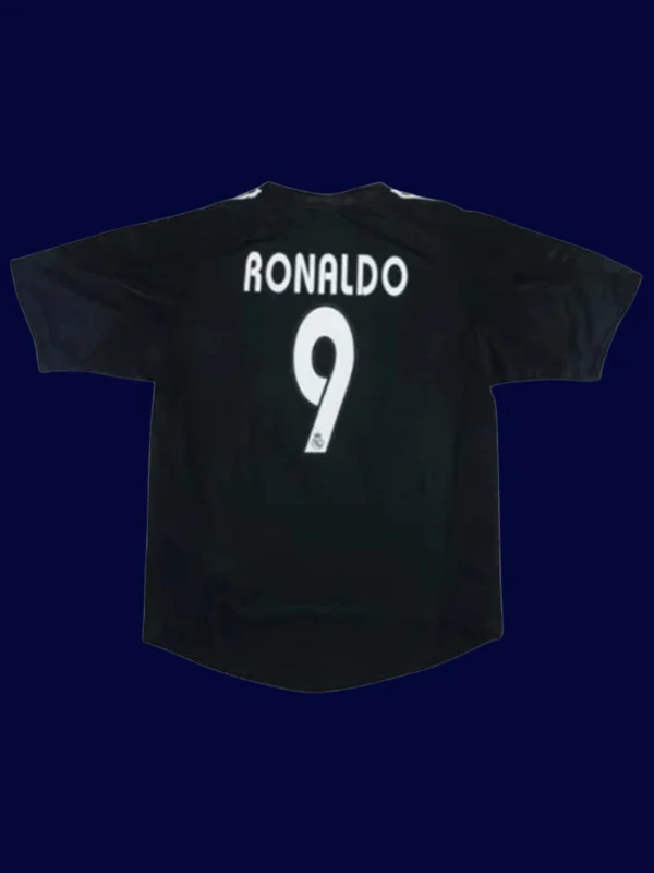 Ronaldo 9 Real Madrid Away Black Retro Jersey 0405B - KFCool – Football Jerseys & Soccer Kits Store Ronaldo Real Madrid away black retro jersey back 04/05 with #9, high-quality breathable design.
