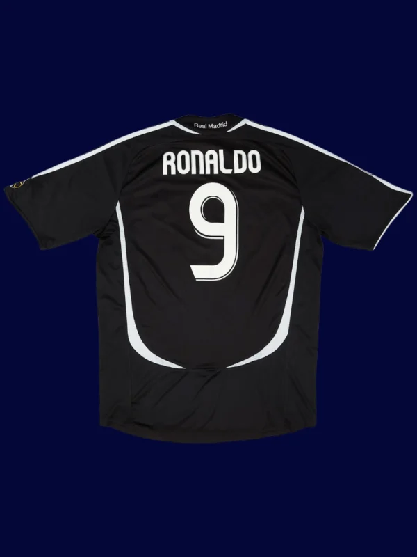Ronaldo Real Madrid away black retro jersey back 06/07 with #9, high-quality breathable design.