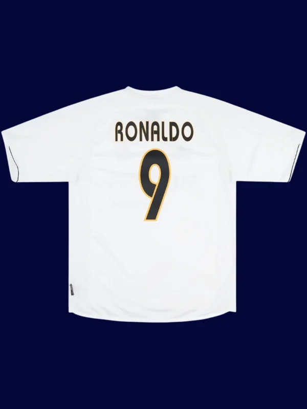Ronaldo Real Madrid home white retro jersey back 03/04 with #9, high-quality breathable design.