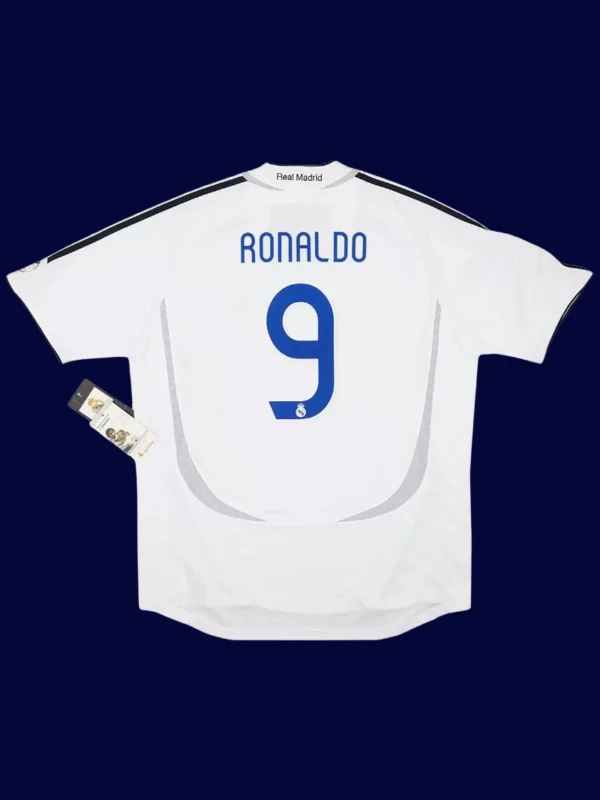 Ronaldo Real Madrid home white retro jersey back 06/07 with #9, high-quality breathable design.