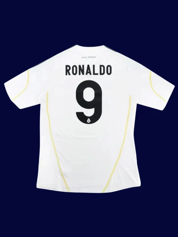 Real Madrid home white retro jersey back with #9, Ronaldo iconic design, lightweight breathable.