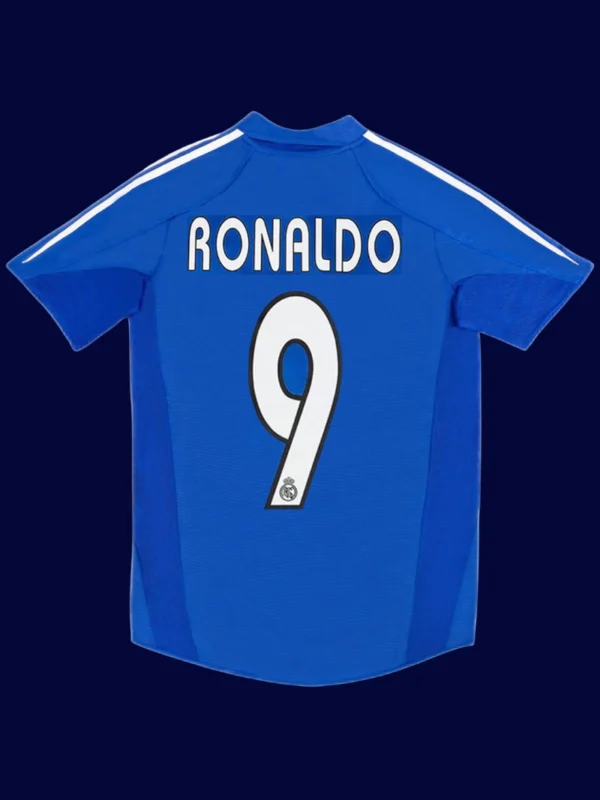 Ronaldo Real Madrid third blue retro jersey back 04/05 with #9, high-quality breathable design.
