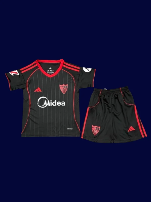 Seville Away Kids Kits 25/26 front with away colorway and mini crest.