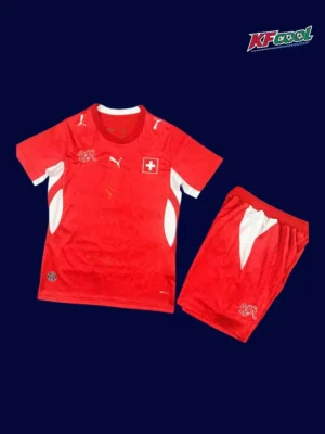 Switzerland home red kids kit 26/27 fans front — child size, breathable