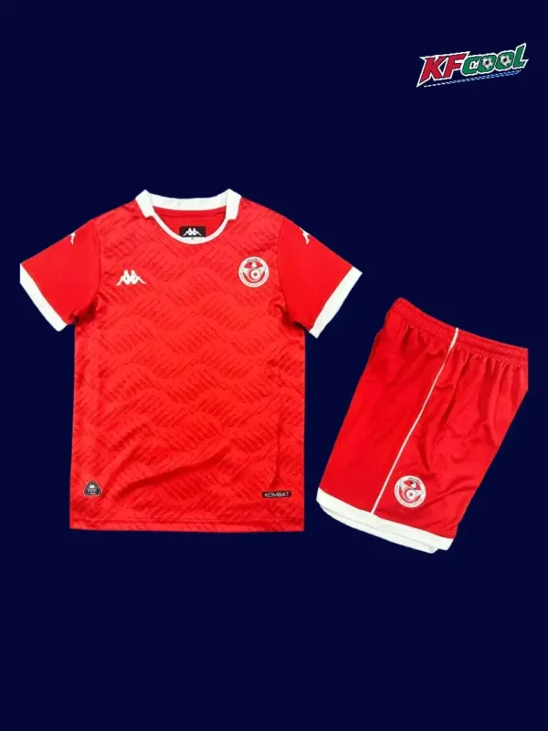 Tunisia home red kids kit 26/27 fans front — child size, breathable