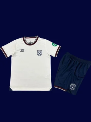 West Ham Away Kids Kits 25/26 front with away palette and mini crest.