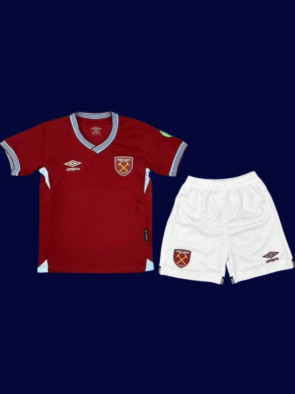 West Ham Home Kids Kits 25/26 front with mini crest and youth-friendly fit.