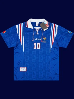 Zidane France home blue retro jersey front Euro Cup 1996, high-quality breathable fan gear.