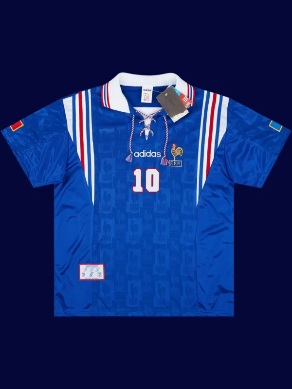Zidane 10 France Home Blue Retro Jersey Euro Cup 1996A - KFCool – Football Jerseys & Soccer Kits Store Zidane France home blue retro jersey front Euro Cup 1996, high-quality breathable fan gear.