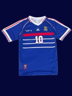 Zidane France home blue retro jersey front World Cup 1998, high-quality breathable fan gear.