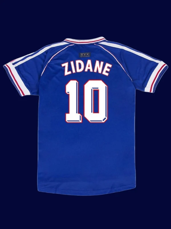 Zidane France home blue retro jersey back World Cup 1998 with #10, high-quality breathable design.