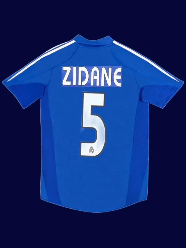 Zidane Real Madrid third blue retro jersey back 04/05 with #5, high-quality breathable design.