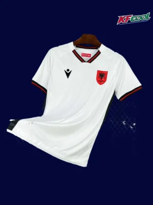 Albania 2025 away white football jersey front view with national crest, fans version
