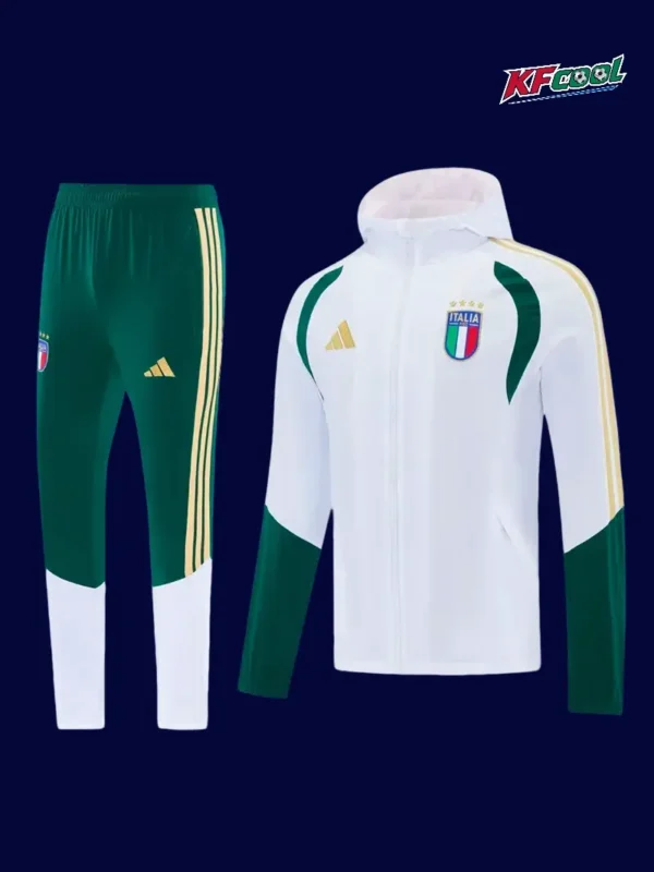 Italy white hoodie jacket tracksuit 26/27 front, clean athletic style.